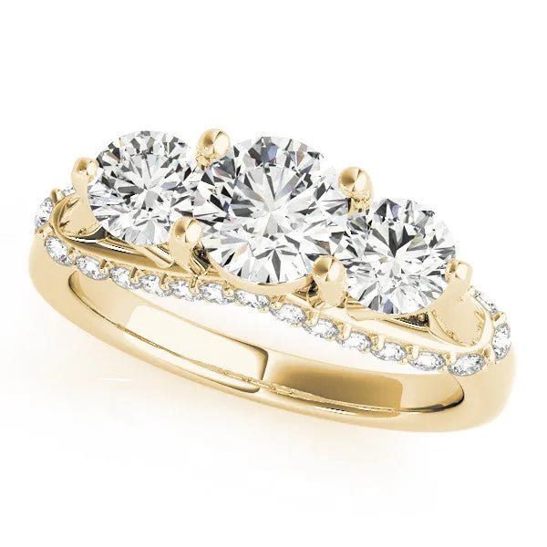 Yellow gold Round Diamond Three-Stone Ring with Prong Setting and Pavé Band