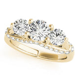 Yellow gold Round Diamond Three-Stone Ring with Prong Setting and Pavé Band