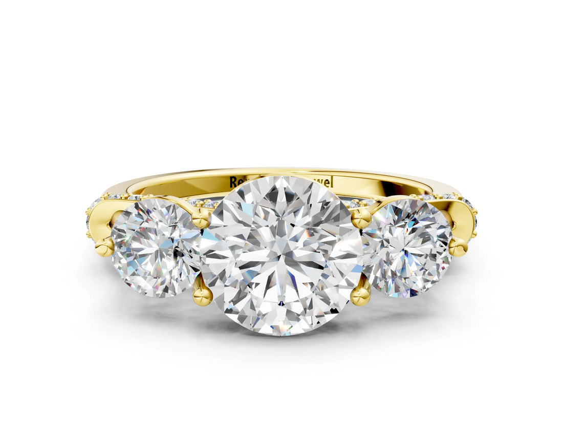 Yellow gold Round Diamond Three-Stone Ring with Prong Setting and Pavé Band_6