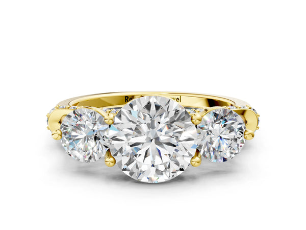 Yellow Gold Round Curved Pave Three Stone Engagement Ring Setting