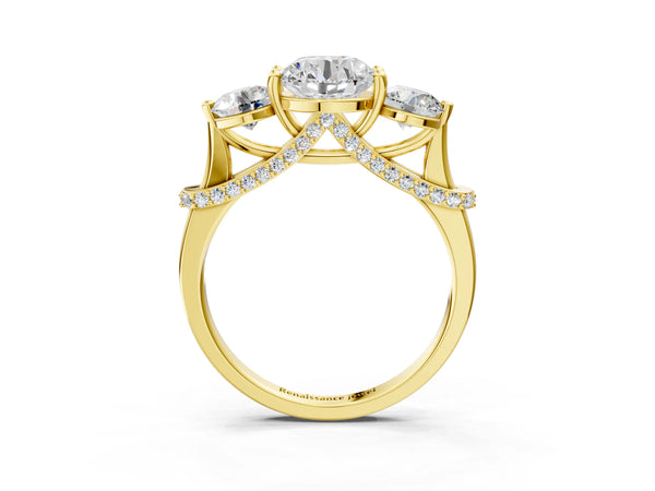 Yellow Gold Round Curved Pave Three Stone Engagement Ring Setting