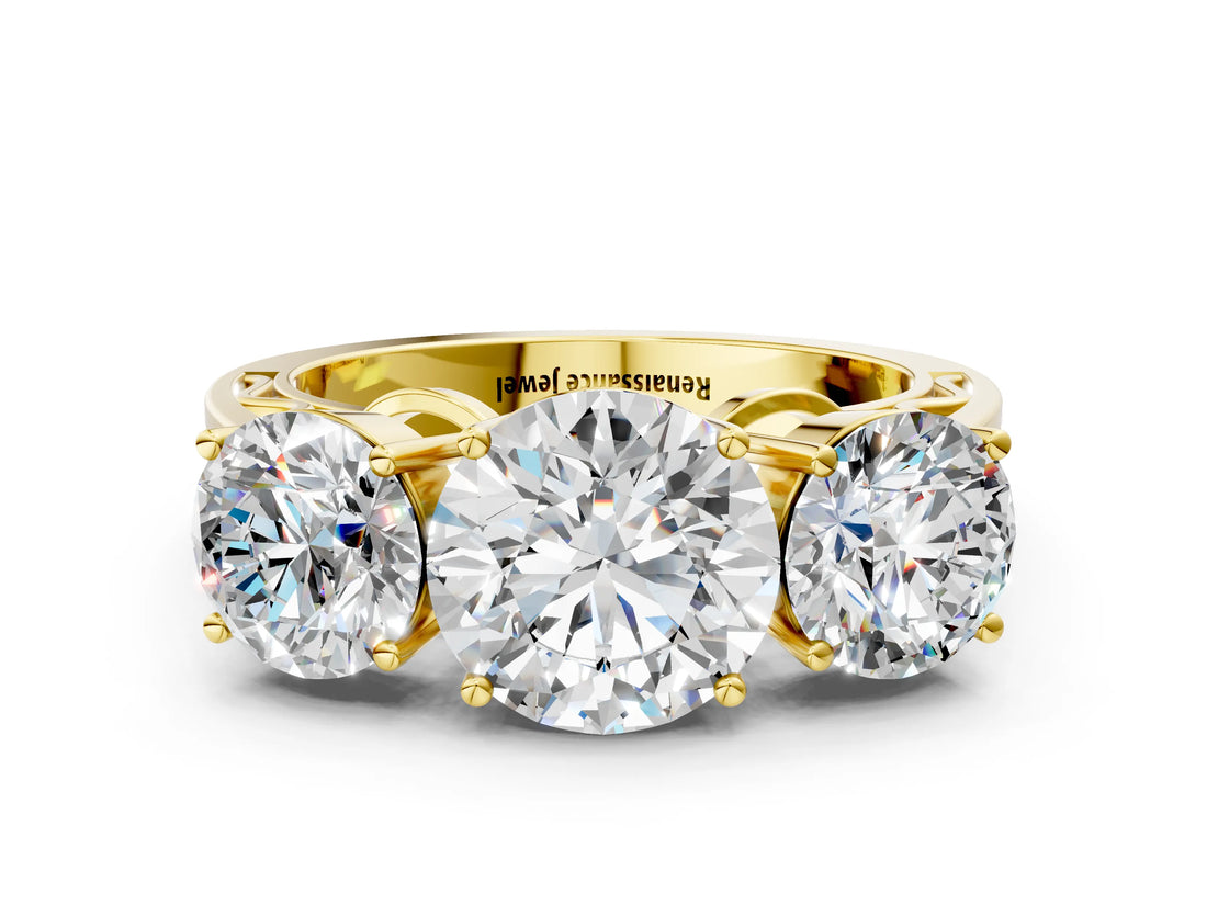 Yellow gold Round Diamond Three-Stone Ring with Prong Setting and Textured Band_6