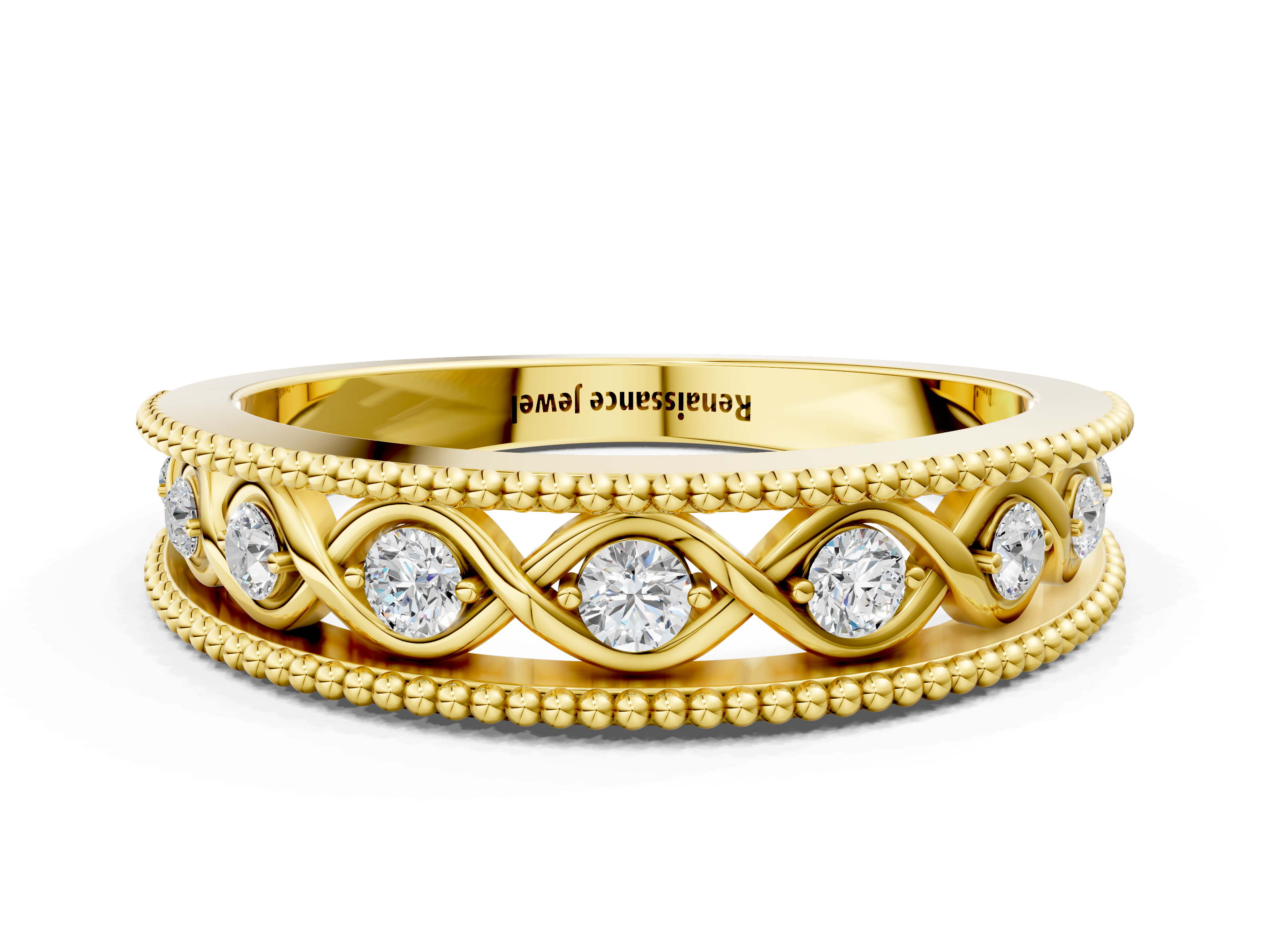 Yellow gold Round Diamond Twist Milgrain Band with Bezel Setting_17