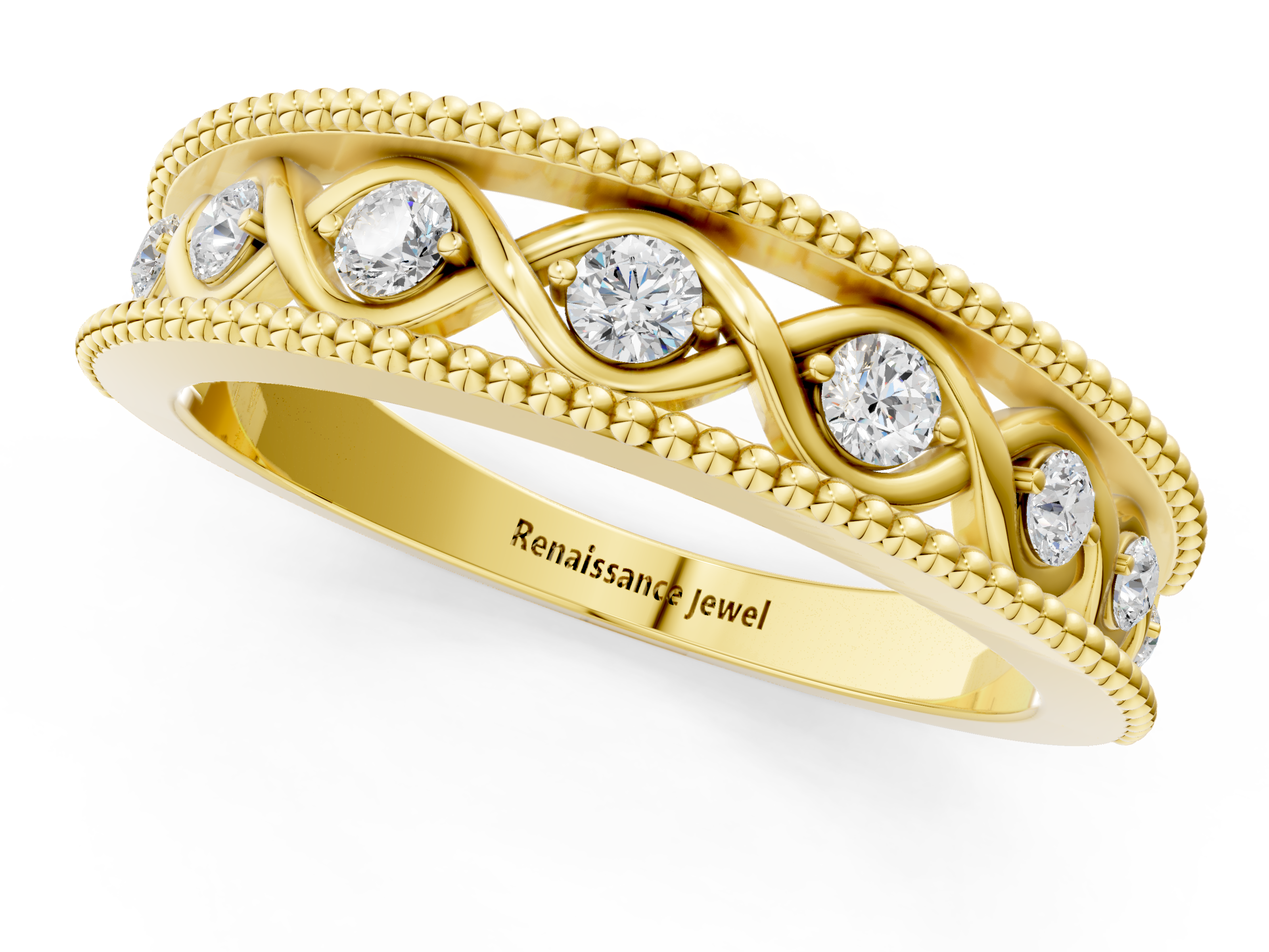 Yellow gold Round Diamond Twist Milgrain Band with Bezel Setting_18