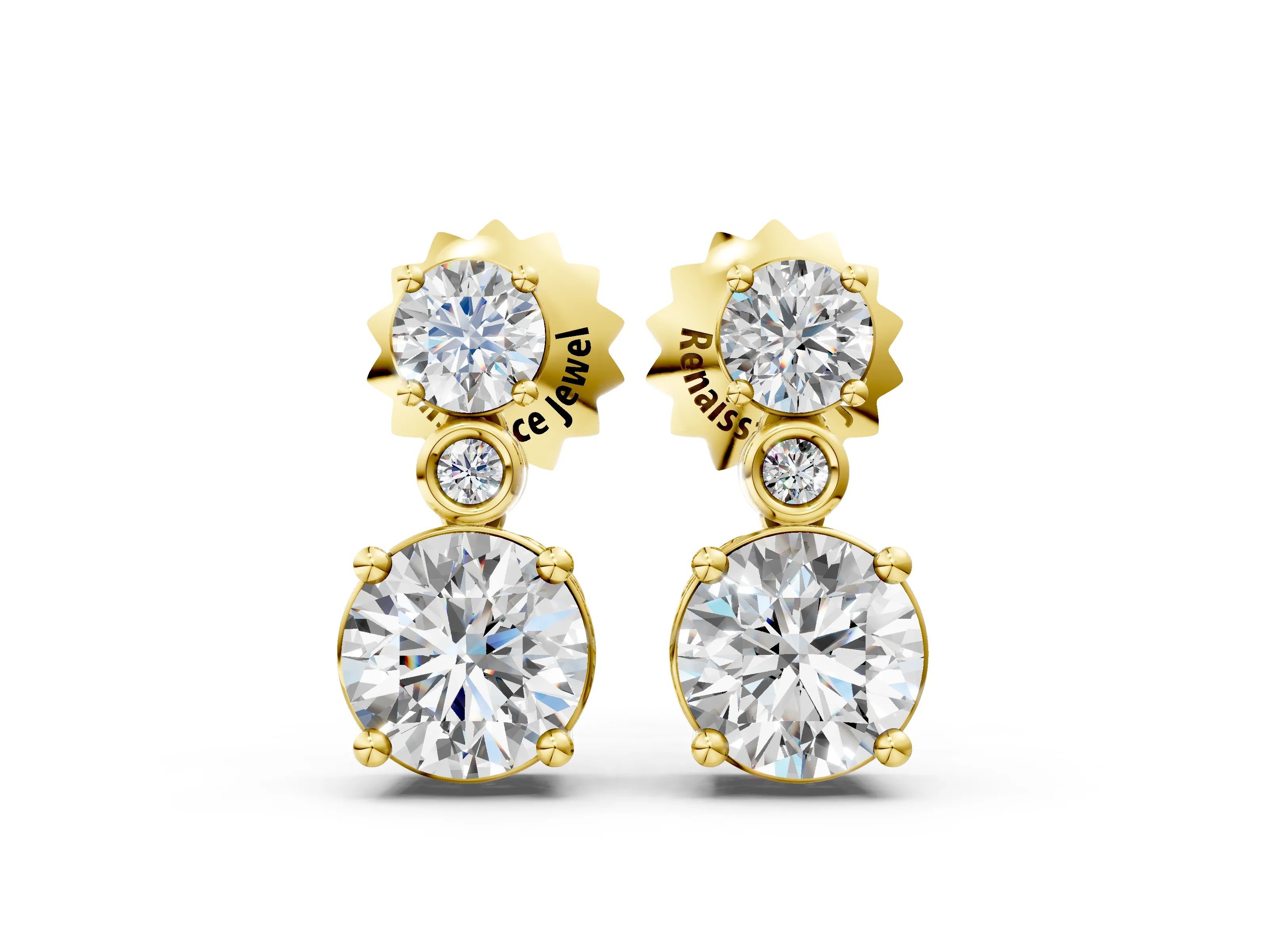 Yellow gold Round Diamond Two Stone Drop Earrings with Bezel Diamond Accent_4
