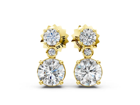 Yellow gold Round Diamond Two Stone Drop Earrings with Bezel Diamond Accent_4