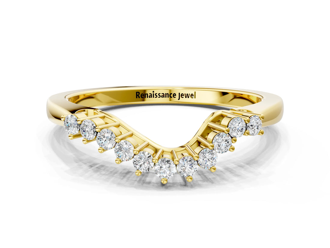 Yellow gold Round Diamond V-Shaped White Gold Band with Prong Setting_4