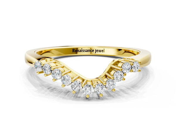 Yellow gold Round Diamond V-Shaped White Gold Band with Prong Setting