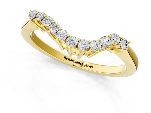 Yellow gold Round Diamond V-Shaped White Gold Band with Prong Setting