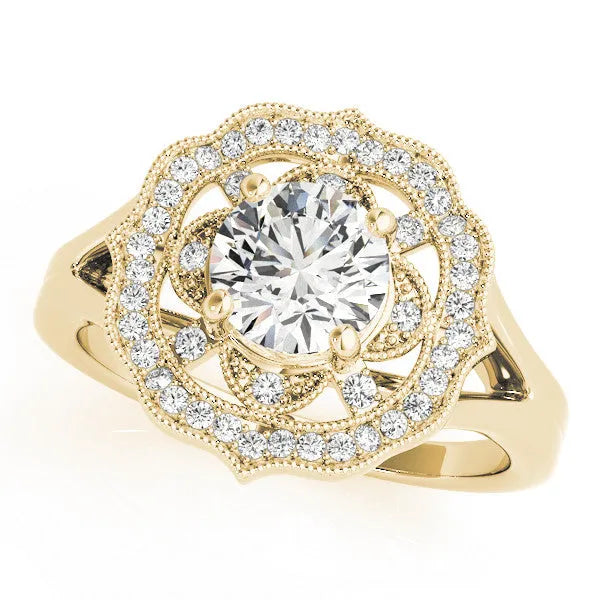 Yellow gold Round Diamond Vintage Floral Halo Ring with Split Shank and Four-Prong Setting
