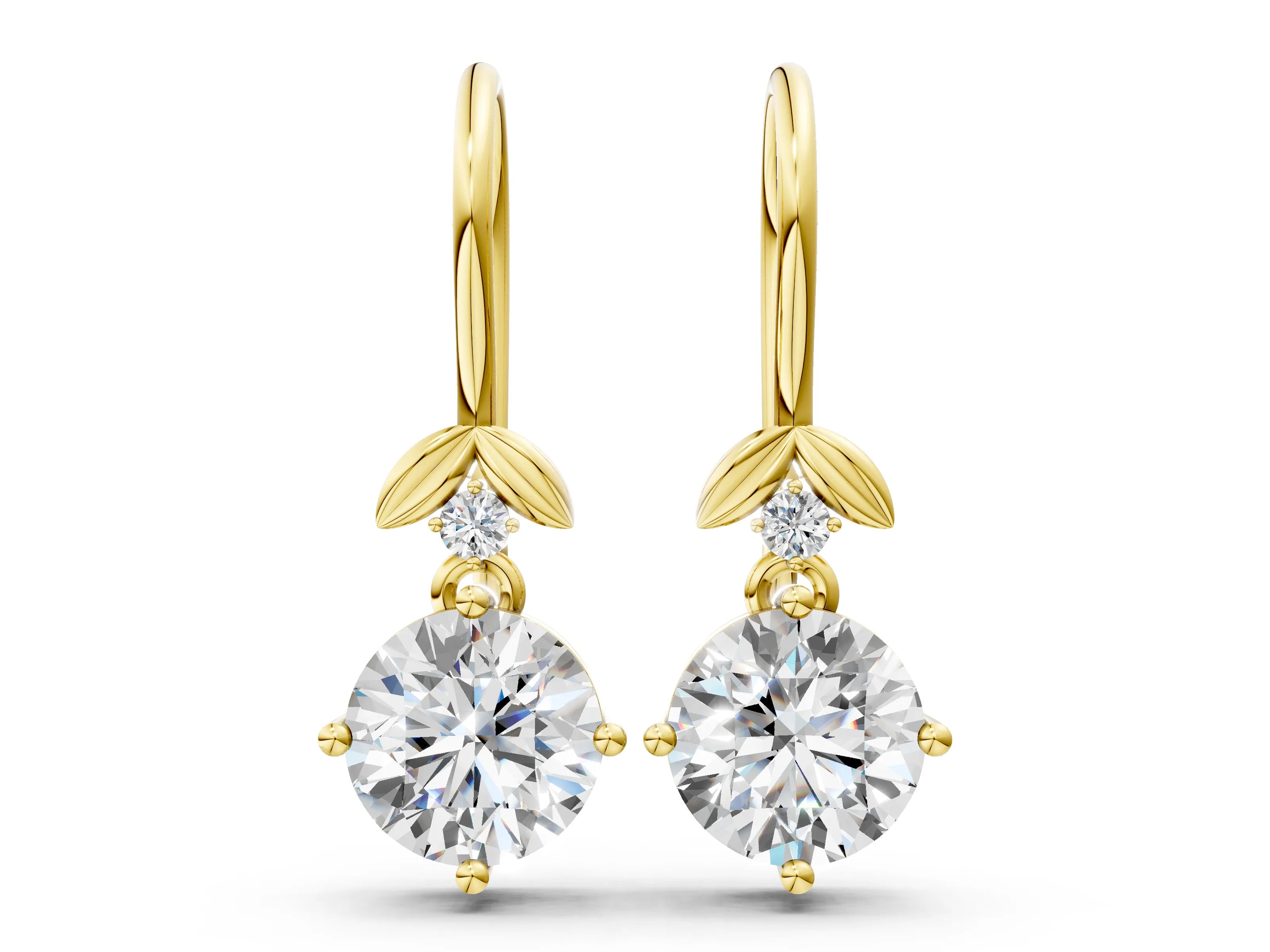 Yellow gold Round Diamond Water Lily Drop Earrings with Diamond Accents