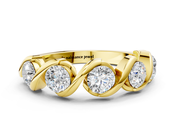 Yellow gold Round Diamond Wave Band with Channel Setting and Shared Prongs