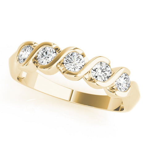 Yellow gold Round Diamond Wave Band with Channel Setting and Shared Prongs
