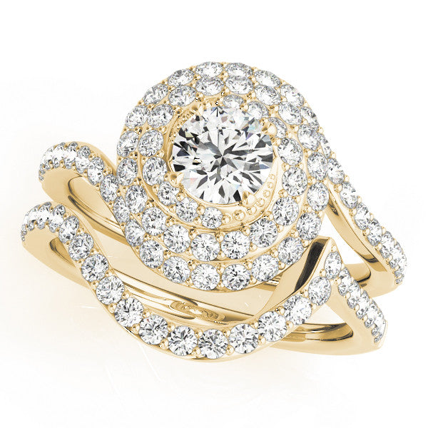 Yellow gold Round Double Halo Diamond Swirl Pave Band Ring 1