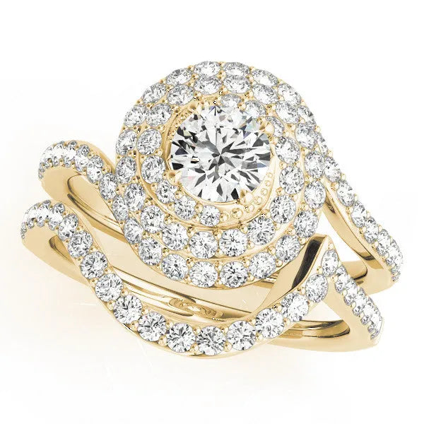 Yellow gold Round Double Halo Diamond Swirl Pave Band Ring