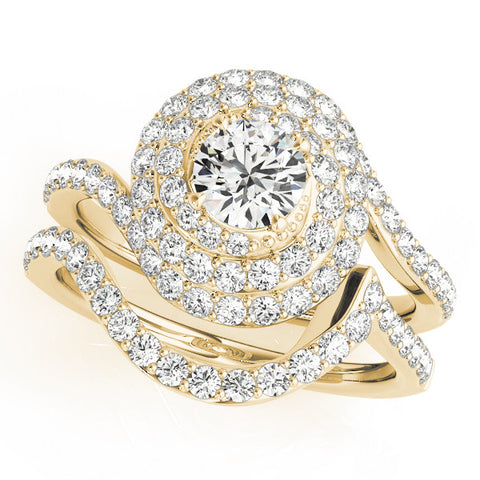 Yellow gold Round Double Halo Diamond Swirl Pave Band Ring 1