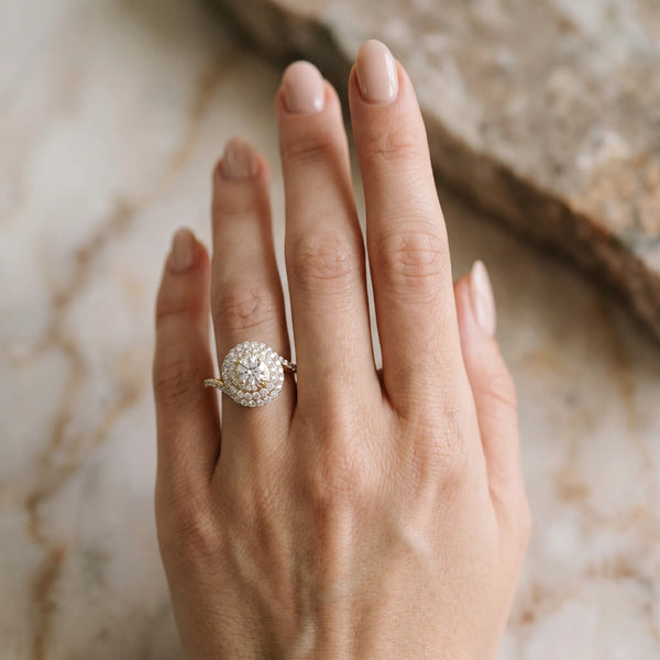 Yellow gold Round Double Halo Diamond Swirl Pave Band Ring