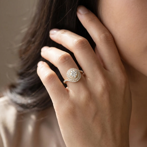 Yellow gold Round Double Halo Diamond Swirl Pave Band Ring