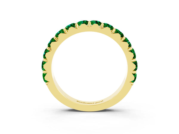 Yellow Gold Round Lab-Grown Emerald Half Eternity Band with Claw Prong Setting