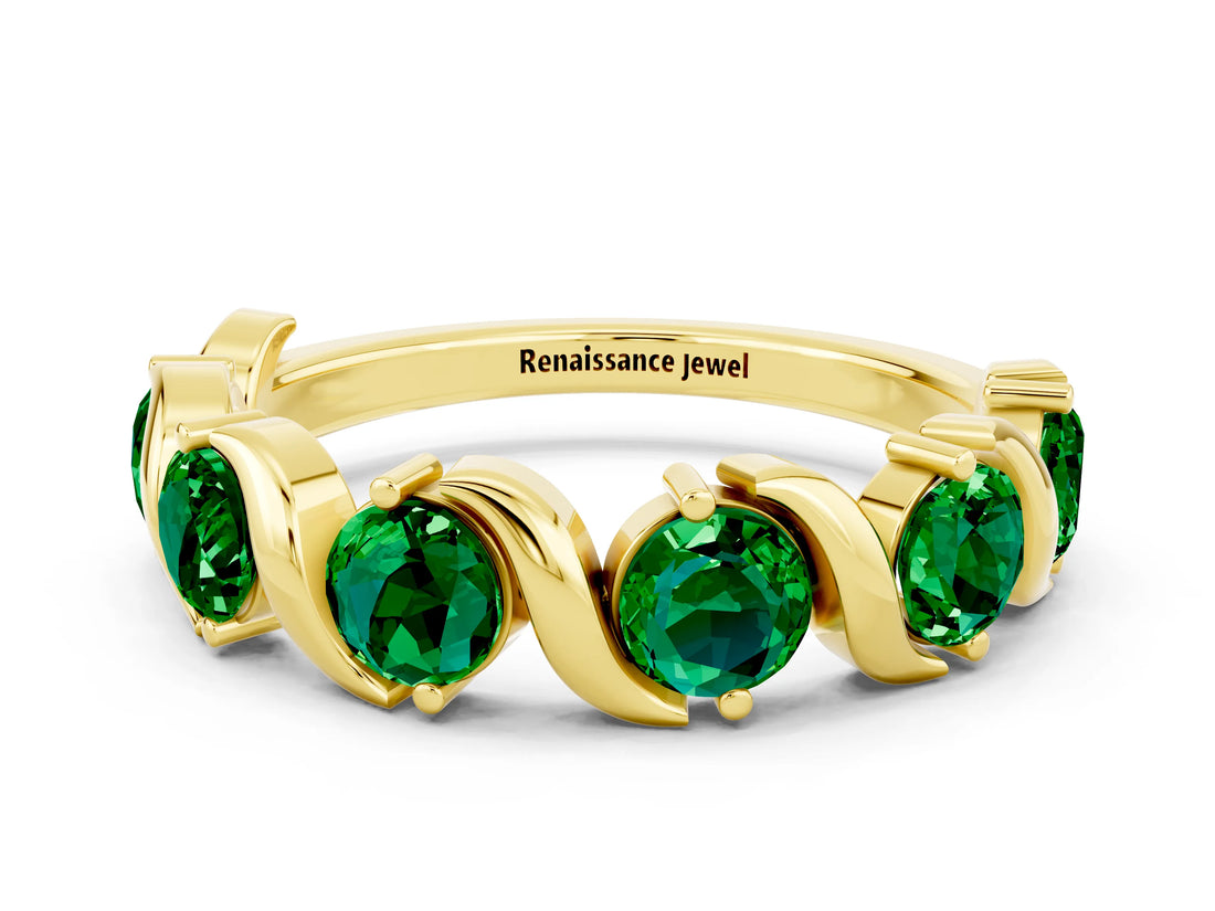 Yellow gold Round Emerald Half Eternity Band with Wave Prong Setting_6