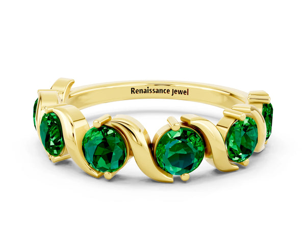 Yellow Gold Round Lab-Grown Emerald Wave Half Eternity Wedding Band with Prong Set Stones
