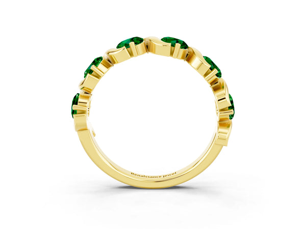 Yellow Gold Round Lab-Grown Emerald Wave Half Eternity Wedding Band with Prong Set Stones
