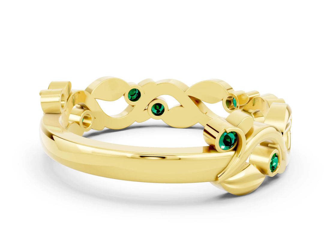 Yellow gold Round Emerald Leaf Eternity Band with Bezel Setting_42