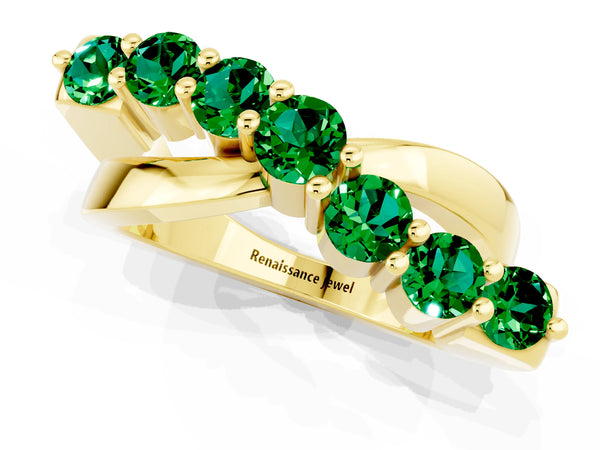 Yellow Gold Round Lab-Grown Emerald Seven Stone Prong Set Crossover Wedding Band