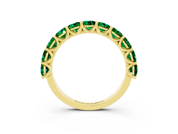 Yellow Gold Round Lab-Grown Emerald Half Eternity Band with Open U Shared Prongs