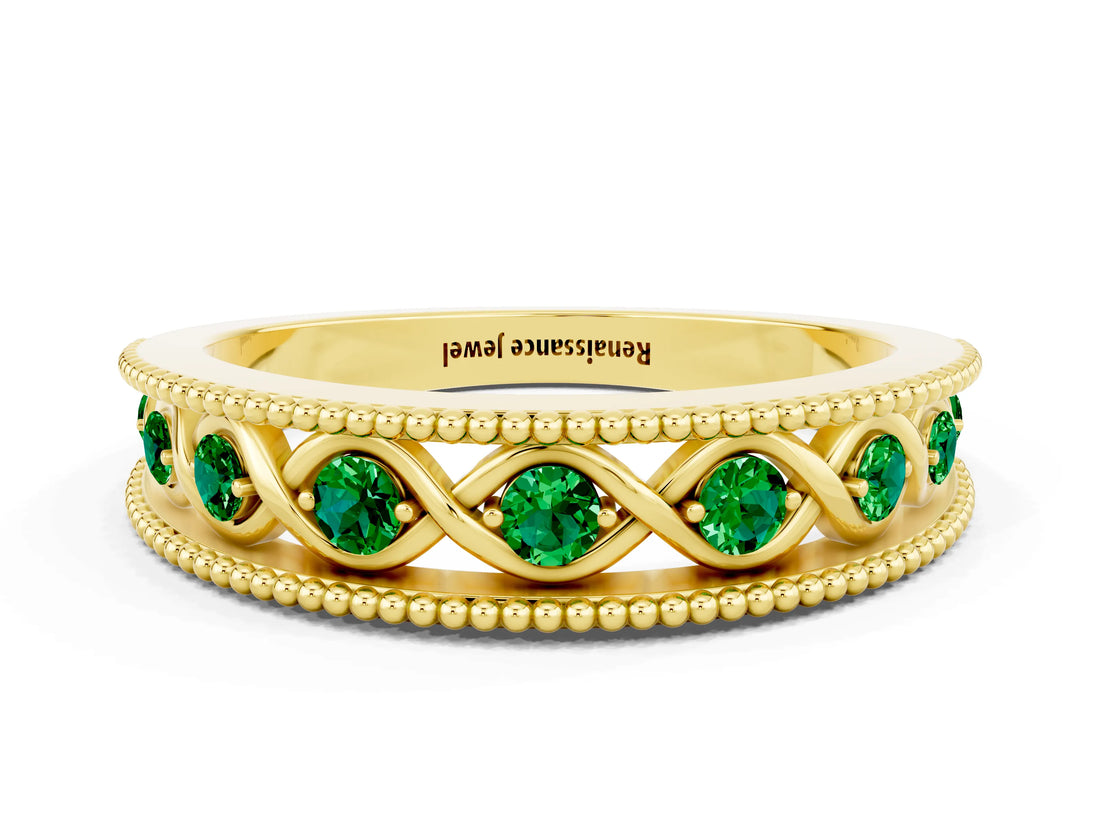 Yellow gold Round Emerald Twist Milgrain Band with Bezel Setting_12