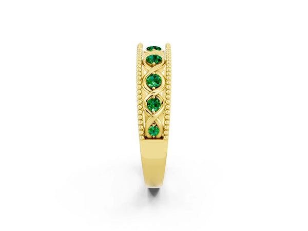 Yellow Gold Round Lab-Grown Emerald Vintage Twist Wedding Band with Milgrain Rails