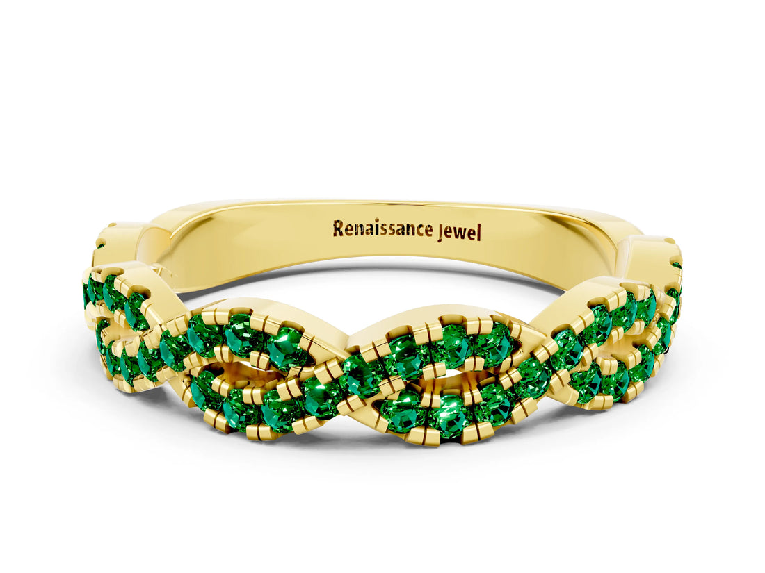 Yellow gold Round Emerald Twisted Eternity Band with Pavé and Shared Prong Setting_22