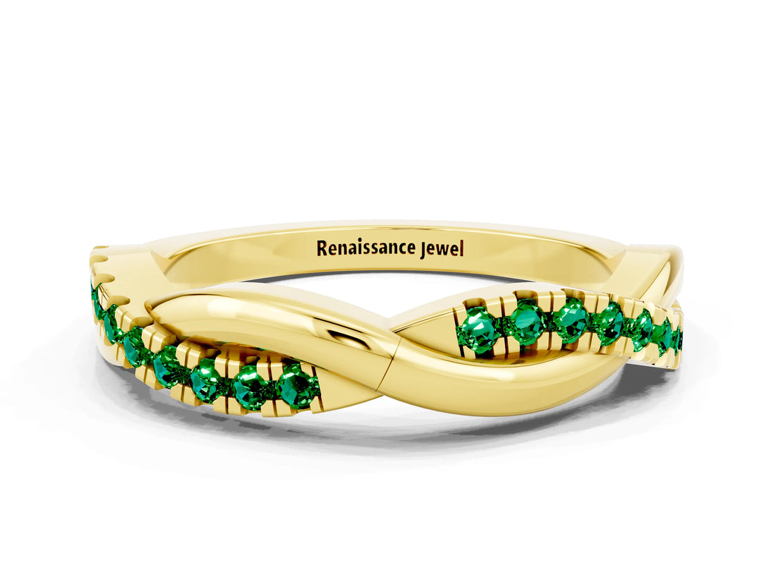 Yellow gold Round Emerald Twisted Infinity Band with Prong Setting_6