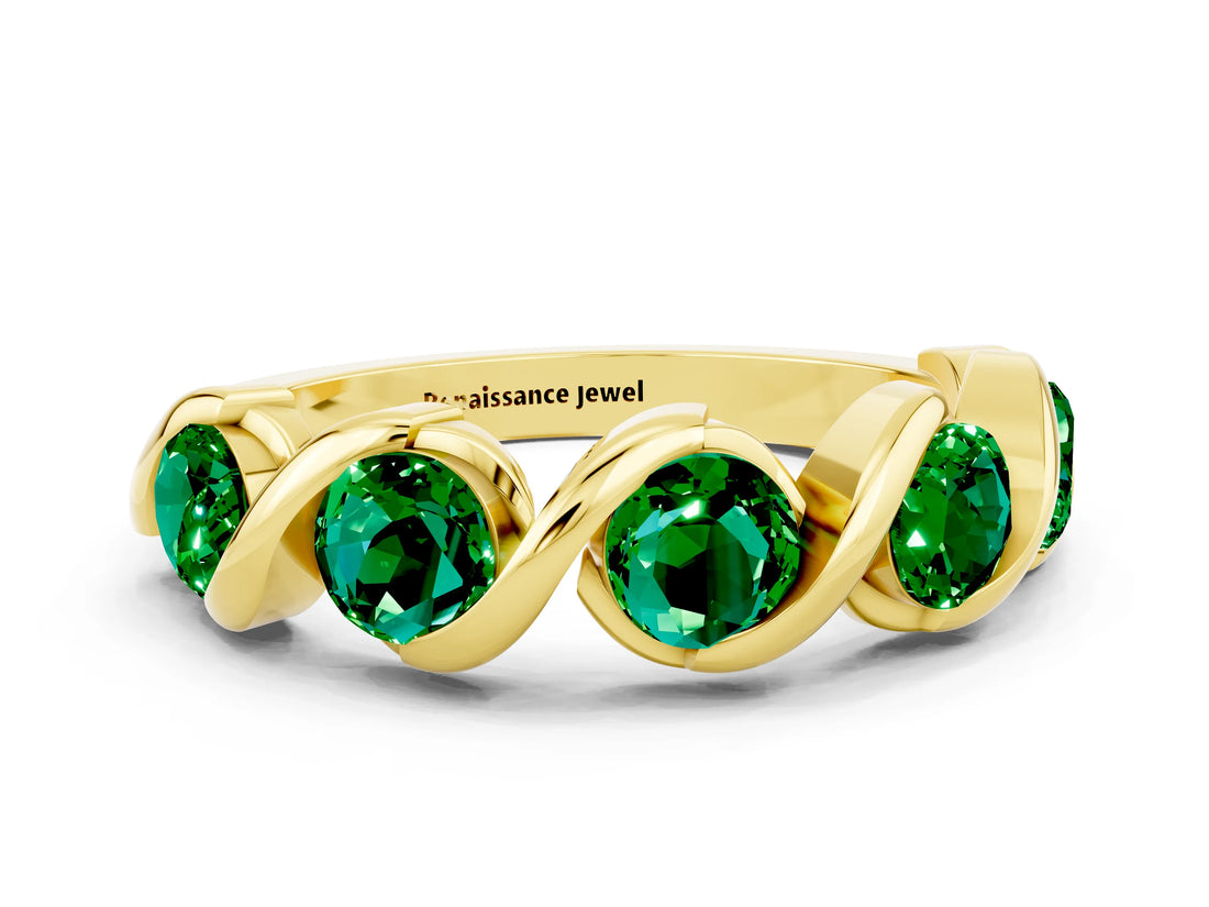 Yellow gold Round Emerald Wave Band with Channel Setting and Shared Prongs_6