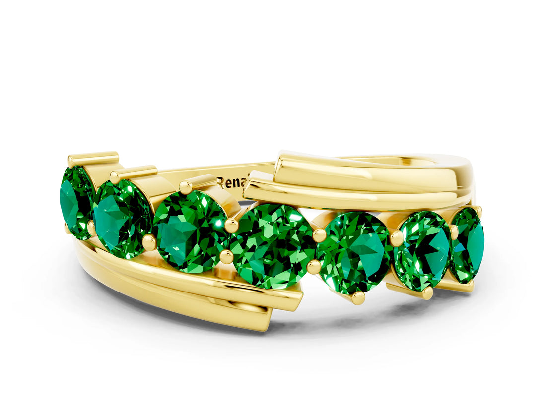Yellow gold Round Emerald Wave Band with Channel and Shared Prong Setting_18