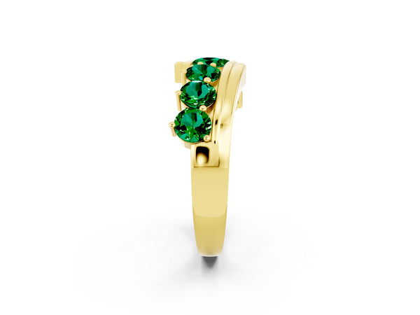 Yellow Gold Round Lab-Grown Emerald Diagonal Wave Bypass Band with Shared Prongs