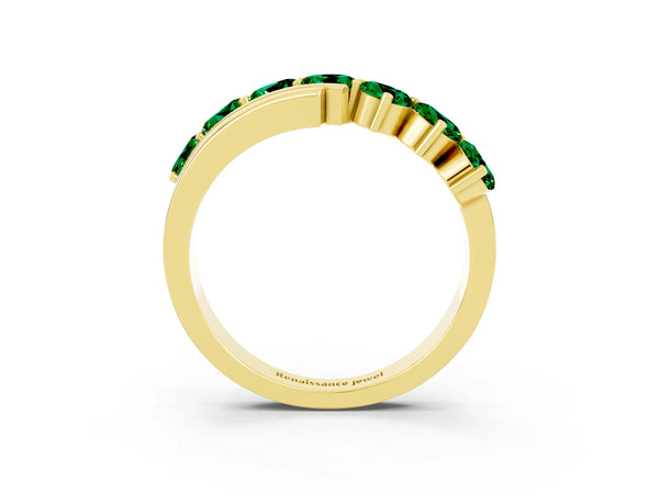 Yellow Gold Round Lab-Grown Emerald Diagonal Wave Bypass Band with Shared Prongs