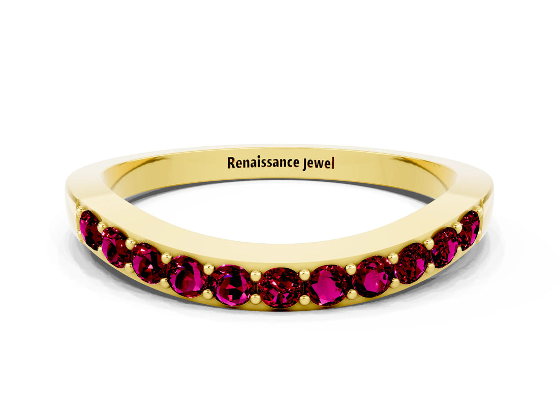 Yellow gold Round Garnet Curved Wedding Band with Channel Setting_6