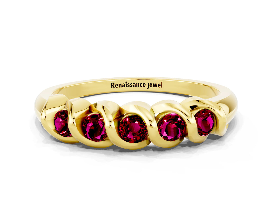 Yellow gold Round Garnet Eternity Band with Twist Prong Setting_6