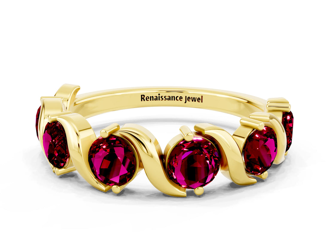 Yellow gold Round Garnet Half Eternity Band with Wave Prong Setting_6