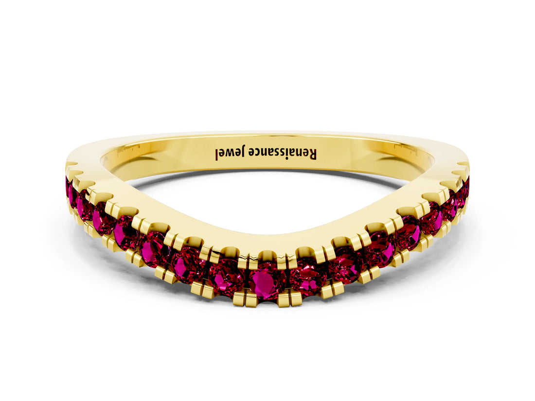 Yellow gold Round Garnet Pavé Curved Band with Shared Prong Setting_6