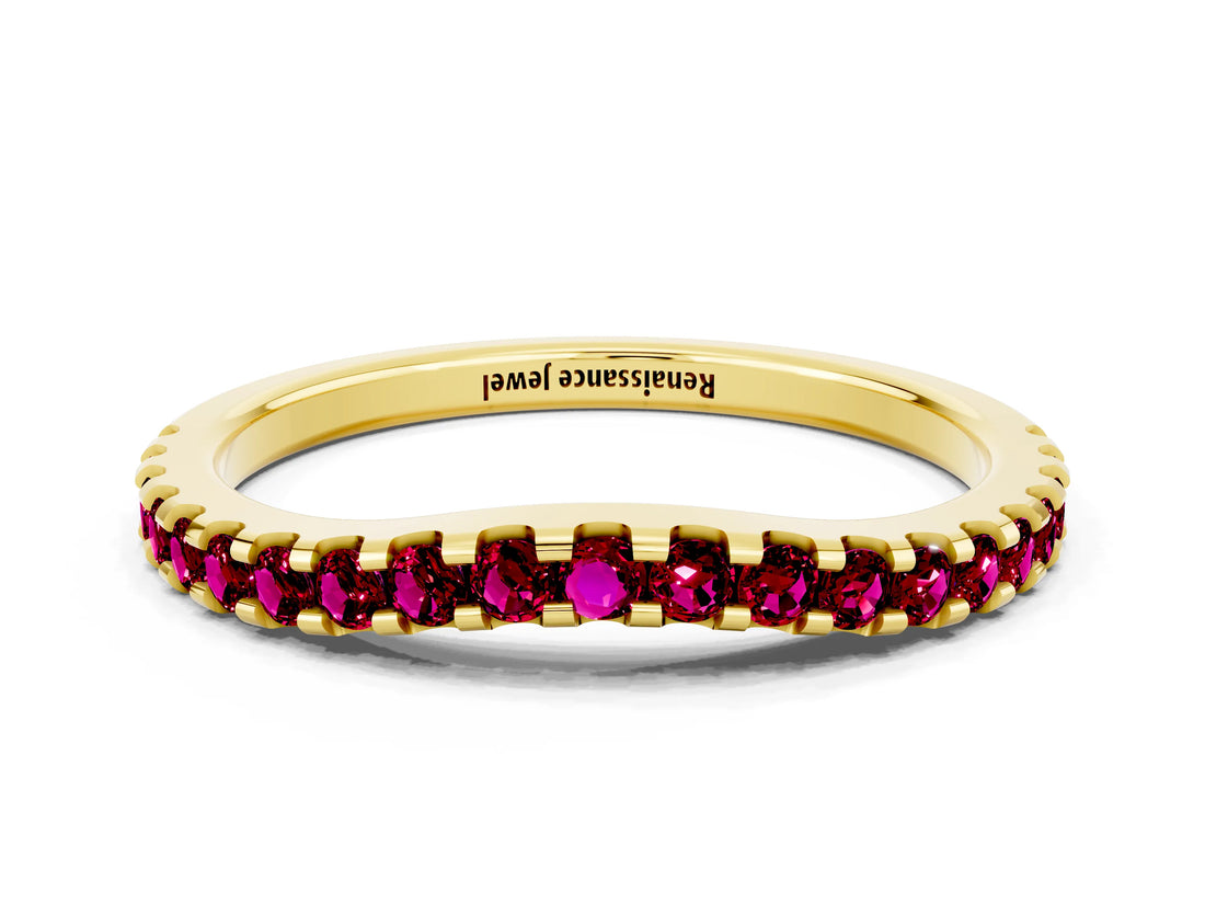Yellow gold Round Garnet Pavé Set Curved Wedding Band_6