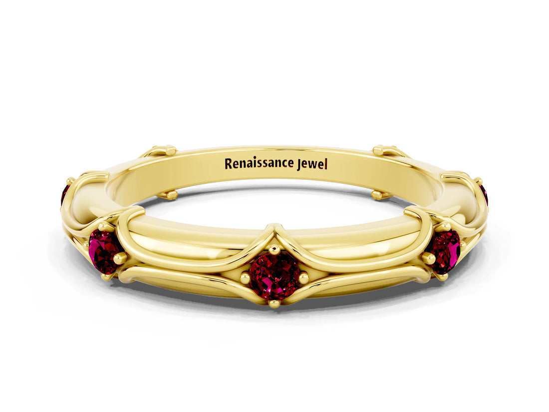 Yellow gold Round Garnet Prong Set Milgrain Eternity Band_6