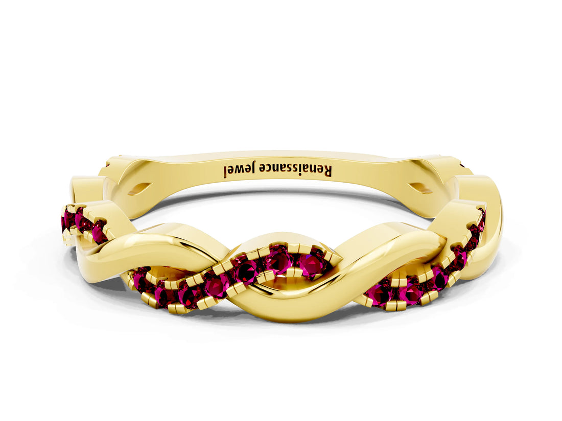 Yellow gold Round Garnet Twist Eternity Band with Pavé Setting_6