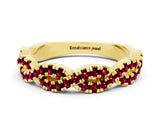 Yellow gold Round Garnet Twisted Eternity Band with Pavé and Shared Prong Setting_22