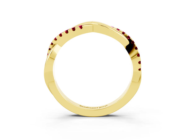 Yellow Gold Round Garnet Half Eternity Infinity Twist Wedding Band