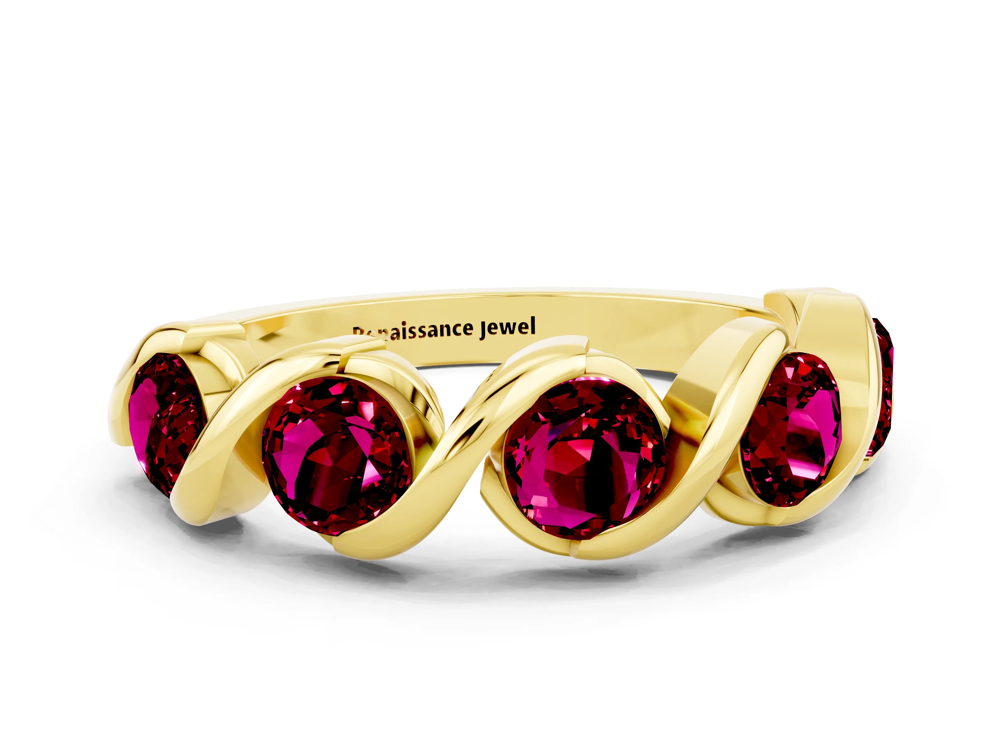 Yellow gold Round Garnet Wave Band with Channel Setting and Shared Prongs_6
