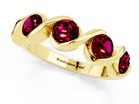 Yellow gold Round Garnet Wave Band with Channel Setting and Shared Prongs_7