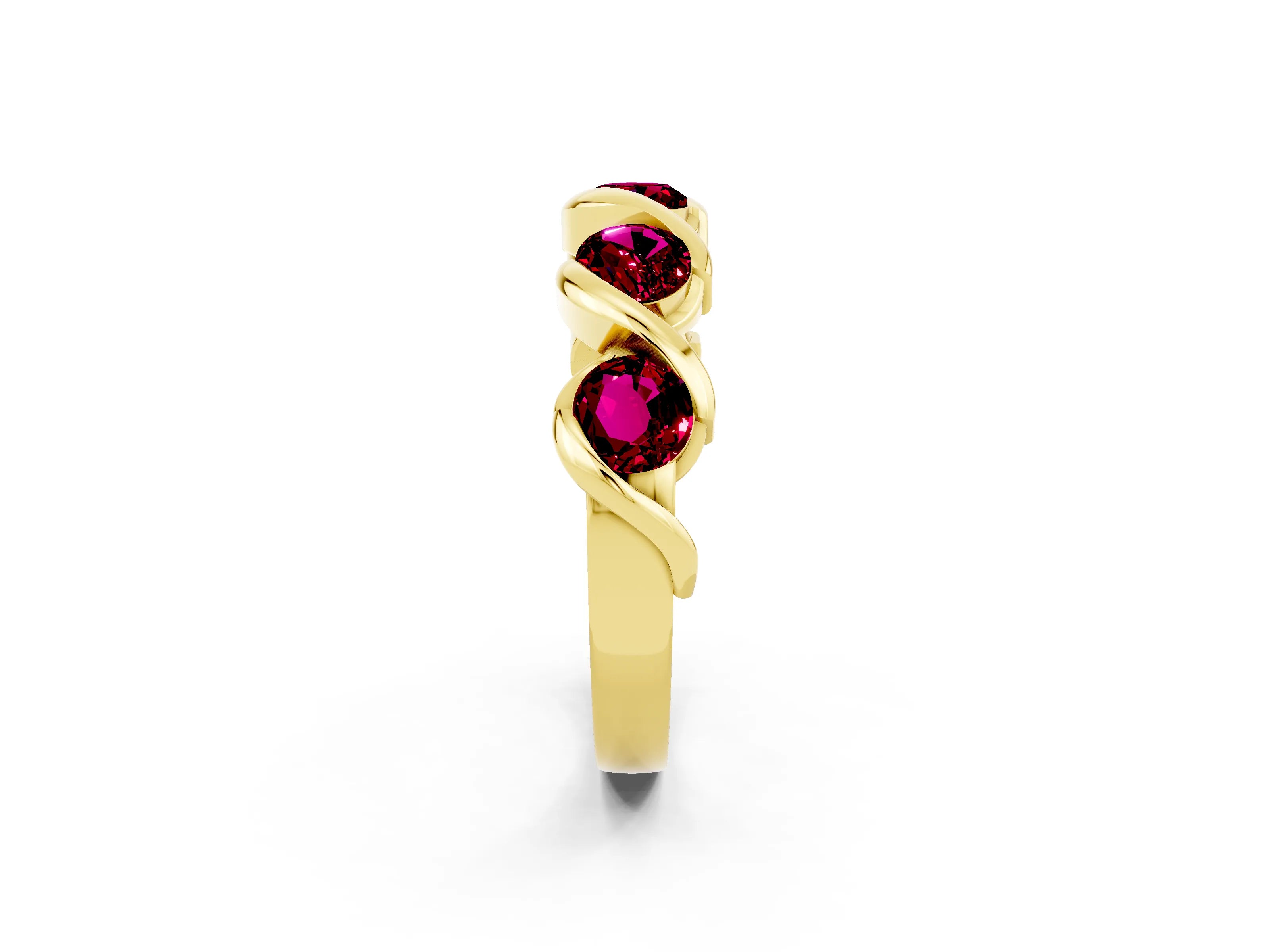 Yellow gold Round Garnet Wave Band with Channel Setting and Shared Prongs_8