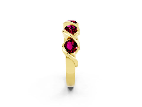Yellow gold Round Garnet Wave Band with Channel Setting and Shared Prongs_8